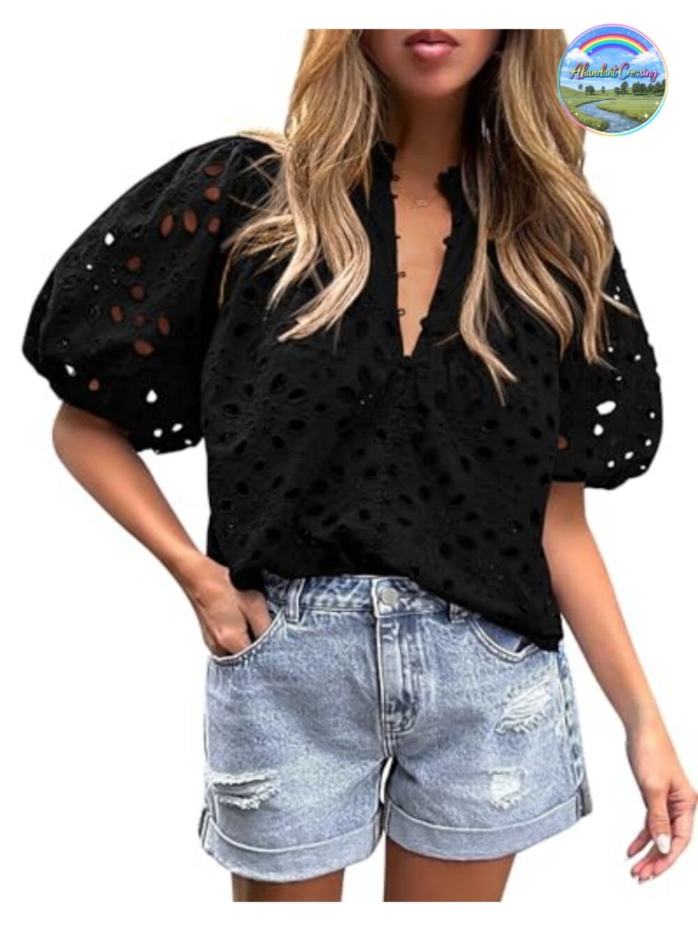 Eyelet Lace Puff Sleeve Blouse Button Up V Neck Top